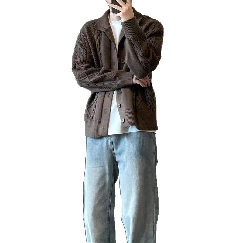 Camiseta de punto de color café chaqueta masculina suave principios de otoño coreana con suéter suelto estilo masculino de moda coreana