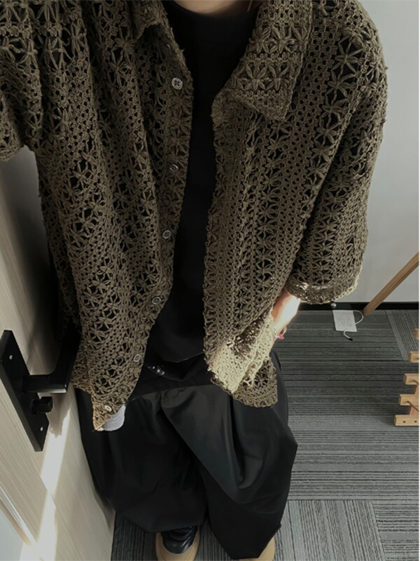 American Style Retro Hollow-out Knitwear Short-sleeved Men's Summer Thin Mesh Half-sleeved Shirt Japanese Style Antique Outer Cardigan