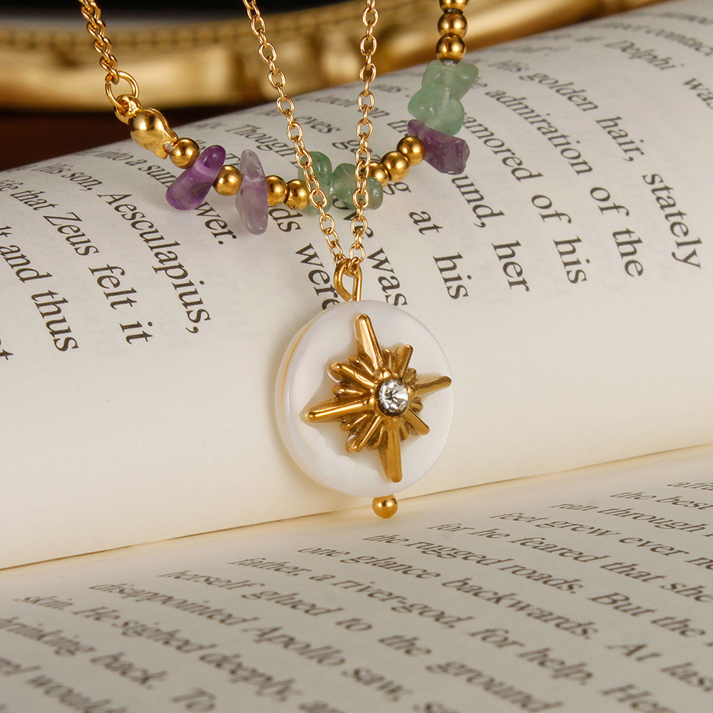Double Layered Natural Stone Necklace With Octagonal Star Pendant_voghion.com