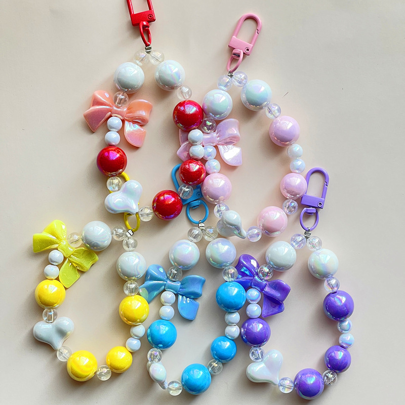 electroplated beaded bow car key ring mobile phone pendant cute candy color keychain pearl accessories bag accessories