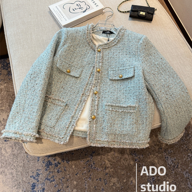Blue Tweed Short Coat for Women, Spring 2025 New Style, Elegant and Stylish Top