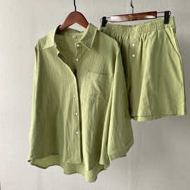 跨境亚马逊女士2件套复古大码 2024 棉麻衬衫套装高腰宽松短裤