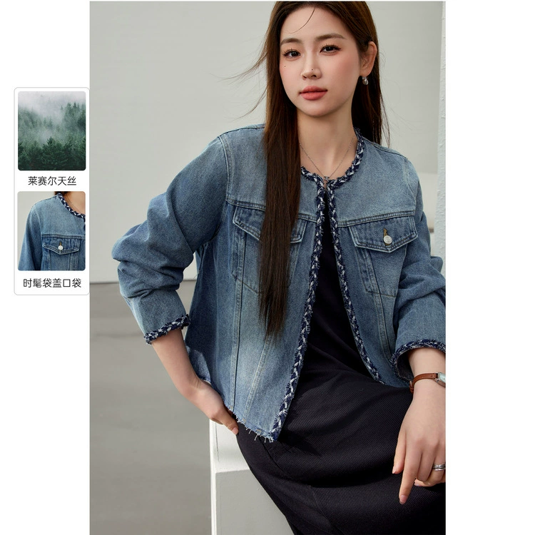 [Модный иностранный пояс с вырезом темпераментный джинсовый пиджак] Funny Show большой размер женский толстый mm2025 весенний новый