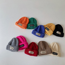 韩国宝宝针织毛线帽秋冬季款男童女童贴布保暖套头帽纯色瓜皮帽潮