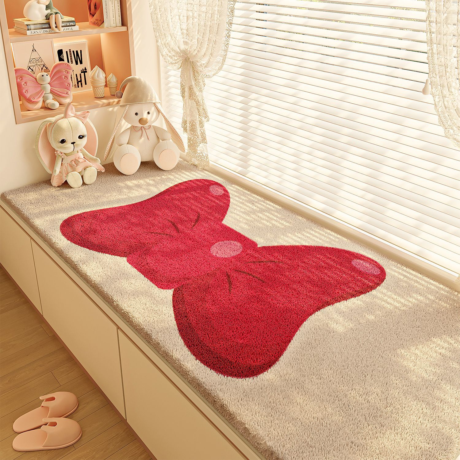 蝴蝶结仿羊绒创意卡通飘窗垫耐脏易打理卧室床边毯隔凉阳台飘窗垫