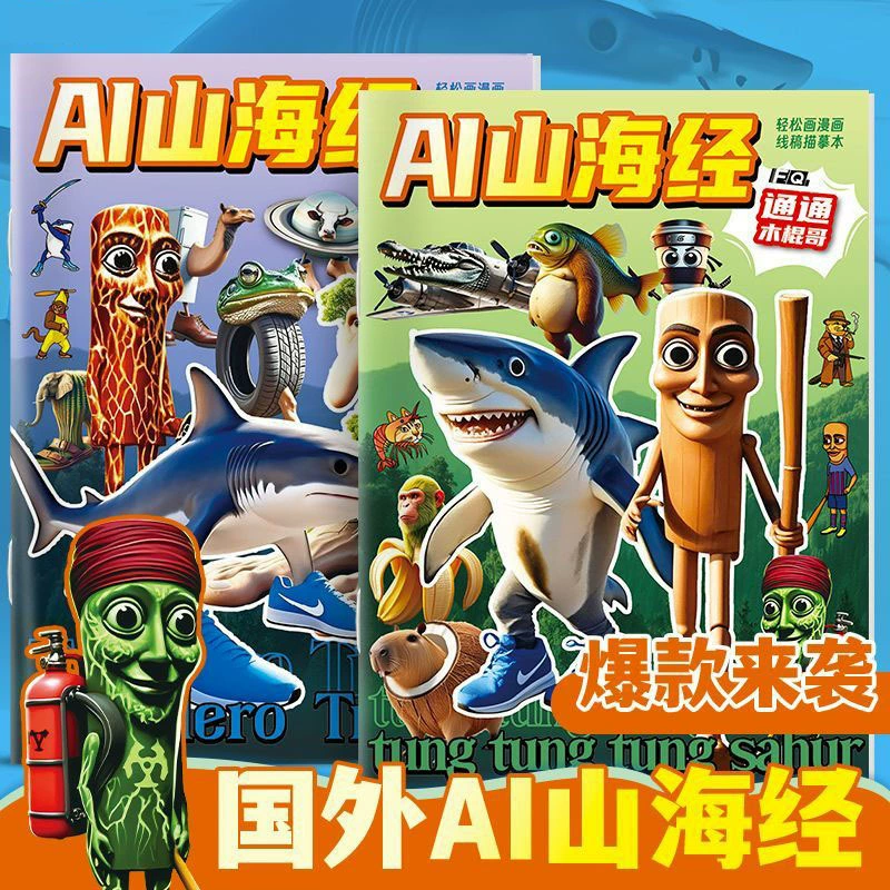 Shan Hai Jing Tung Tung Sahur Tongtongge Деревянная палочка Человек Трассировка Книга Абстрактная акула Граффити Раскраска Книга для рисования