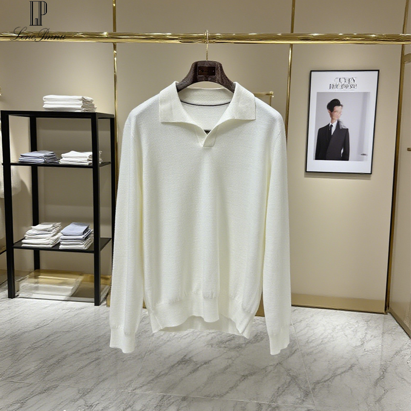 Lp Machine Washable Wool Long-Sleeved Polo Shirt Men's Seagull Collar Business Casual Pure Color Old Money Style Long-Sleeved Shirt