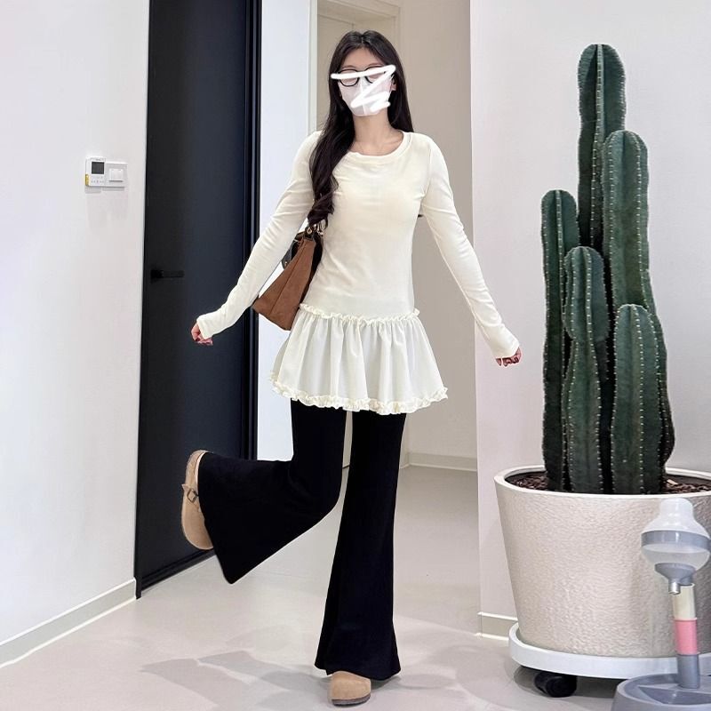 Inner-layered lace hem dress for women, autumn/winter 2026 new model, high-end sweet long-sleeve T-shirt top