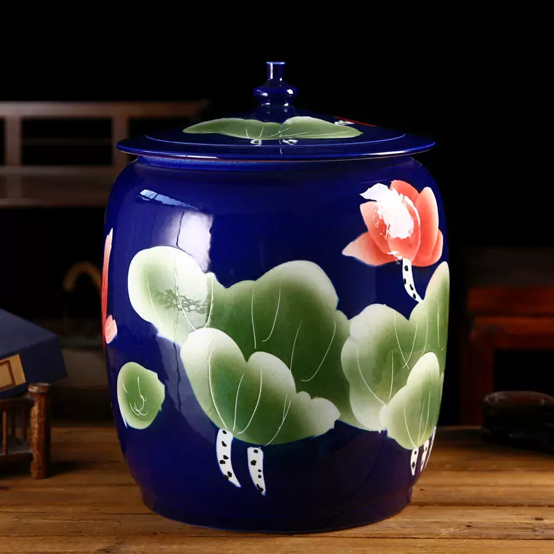 景德镇手绘陶瓷米缸20斤防潮防虫家用带盖米桶普洱茶储物罐厂家