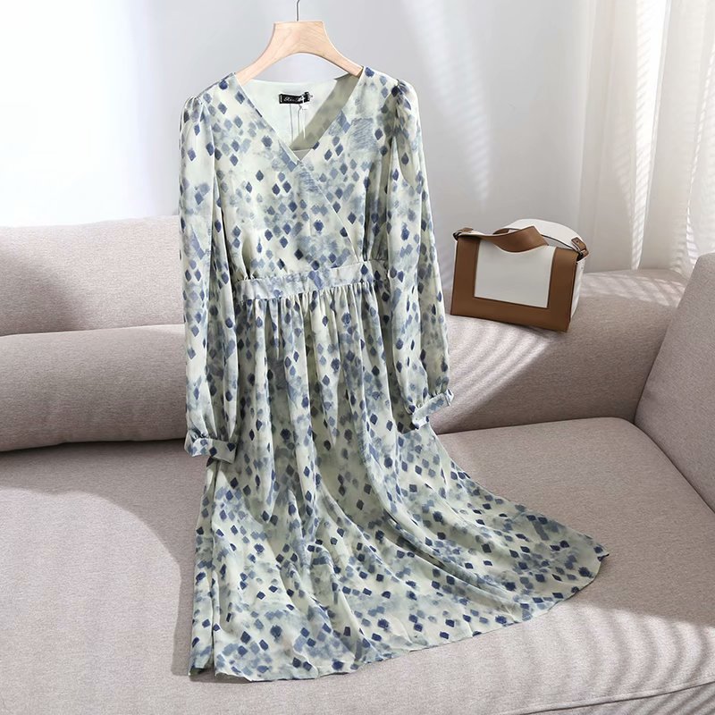 V-neck lantern long sleeves high waist floral long dress NSAM53191