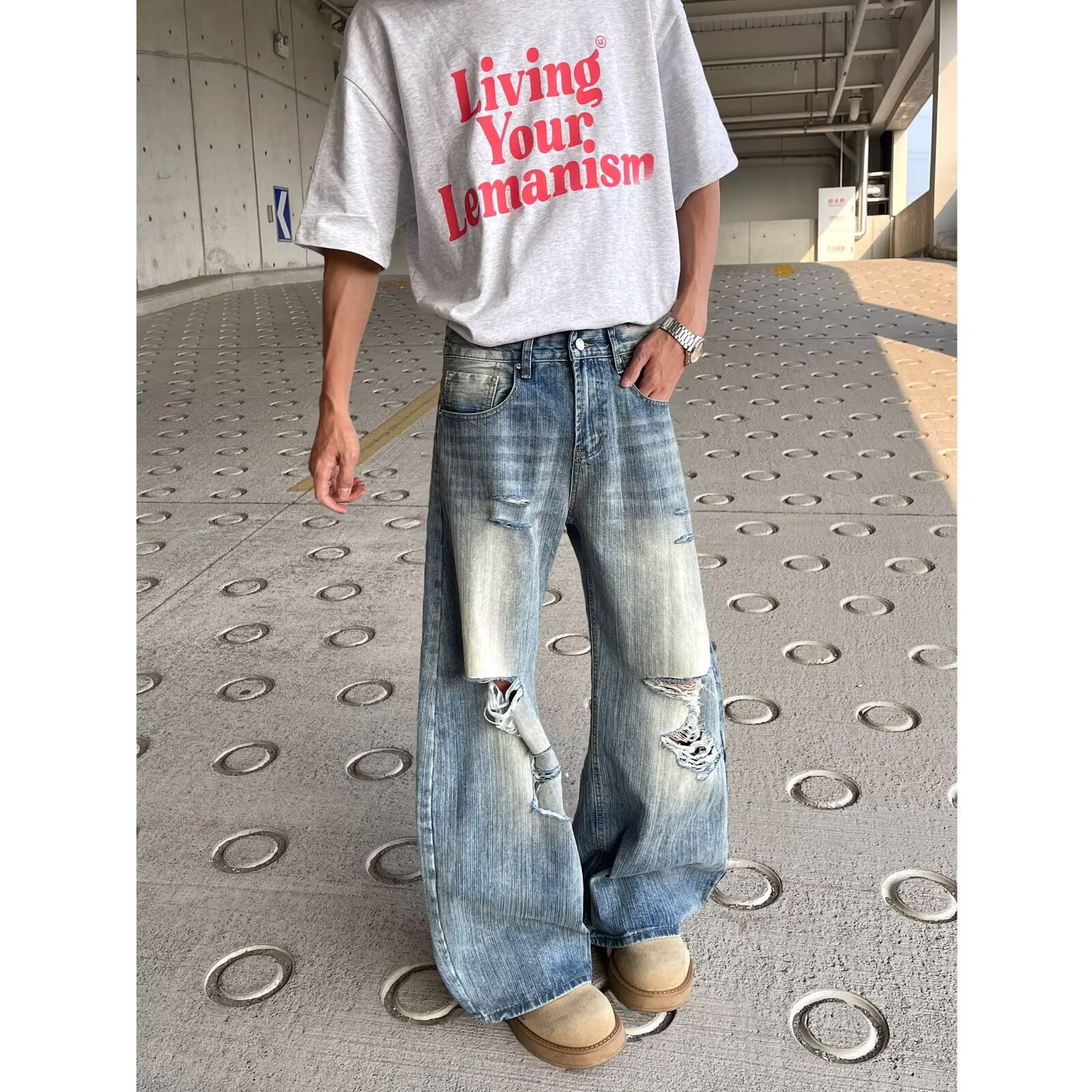 Unisex Distressed Denim Jeans | Relaxed Straight Leg Fit For Men And Women | Comfortable Stretch, Vintage Washed, Everyday Casual Style_viptrois.com