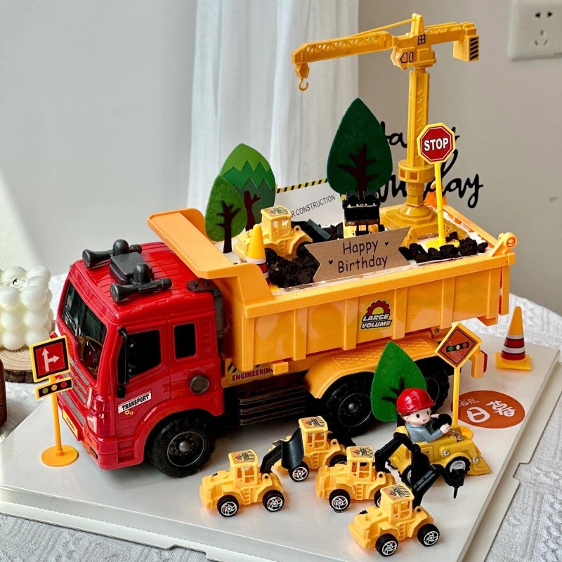 Camión volquete grande, decoración de pasteles, excavadora, camión de ingeniería, grúa torre, postre de cumpleaños para niños, accesorios de mesa