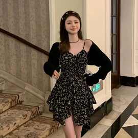 2025新款夏季黑色碎花连衣裙女不规则茶歇裙短裙辣妹收腰吊带裙