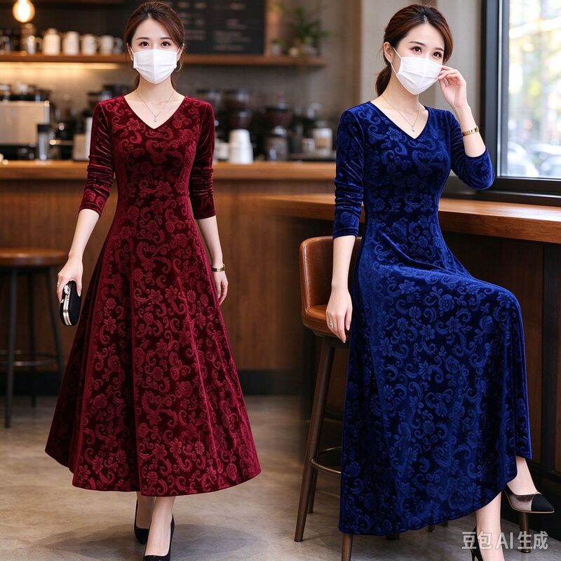 Velvet Collar Dress 2026 Autumn/Winter New Embossed Long Sleeve Elegant Slim Fit Flared Dress for Petite Women Velvet Collar Dress 2026 Autumn/Winter New Embossed Long Sleeve Elegant Slim Fit Flared Dress for Petite Women