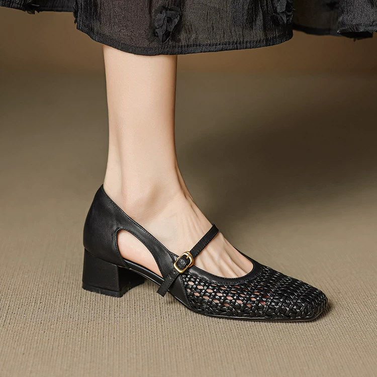 Французские Mary Jane Croc обувь с плетением Hollow Weave 2025 весна и лето, новые квадратный носок, пряжка одной стороны, обувь на среднем каблуке