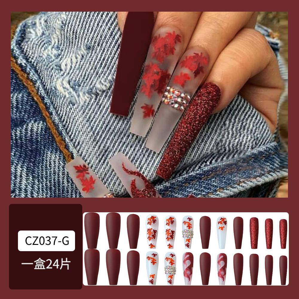 Ventas transfronterizas de vinos rojos de hoja de arce manicure parches de uñas de decoración de llamas de diamante caliente personalidad cool usa uñas