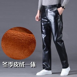 Men's Leather Trousers with Velvet and Thickeneding, Loose Waterproof, Oil-Proof and Windproof, Middle-Aged and Elderly Warm Trousers, Wear-Resistant Labor Protection Overalls