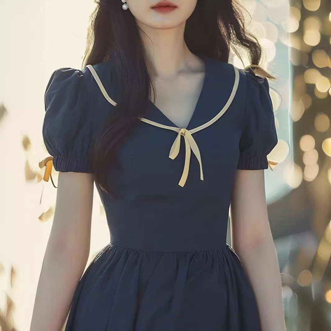 Đầm maxi nữ cổ búp bê xanh navy dáng dài thắt eo mùa hè FL240651 — Màu xanh lam đậm