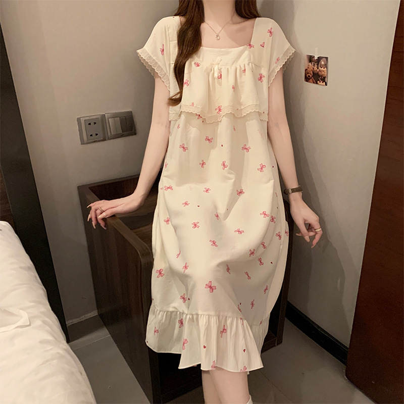 卸売クロスボーダー小さな新鮮な愛半袖ネグリジェ女性の夏のミッドレングス甘いスタイル女の子ネグリジェホーム服|undefined