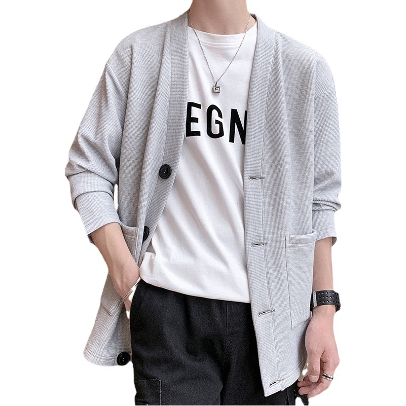 2024 primavera y otoño nueva Chaqueta de punto de galleta ropa exterior suéter con cuello en V estilo coreano de los hombres bolsa de parche tridimensional Chaqueta de traje pequeño