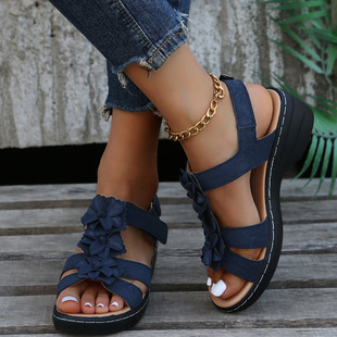 Foreign Trade Large Size Sandals Summer 2023 New European and American Cut Out Wedge Fish Mouth Flower Buckle Casual Sandals