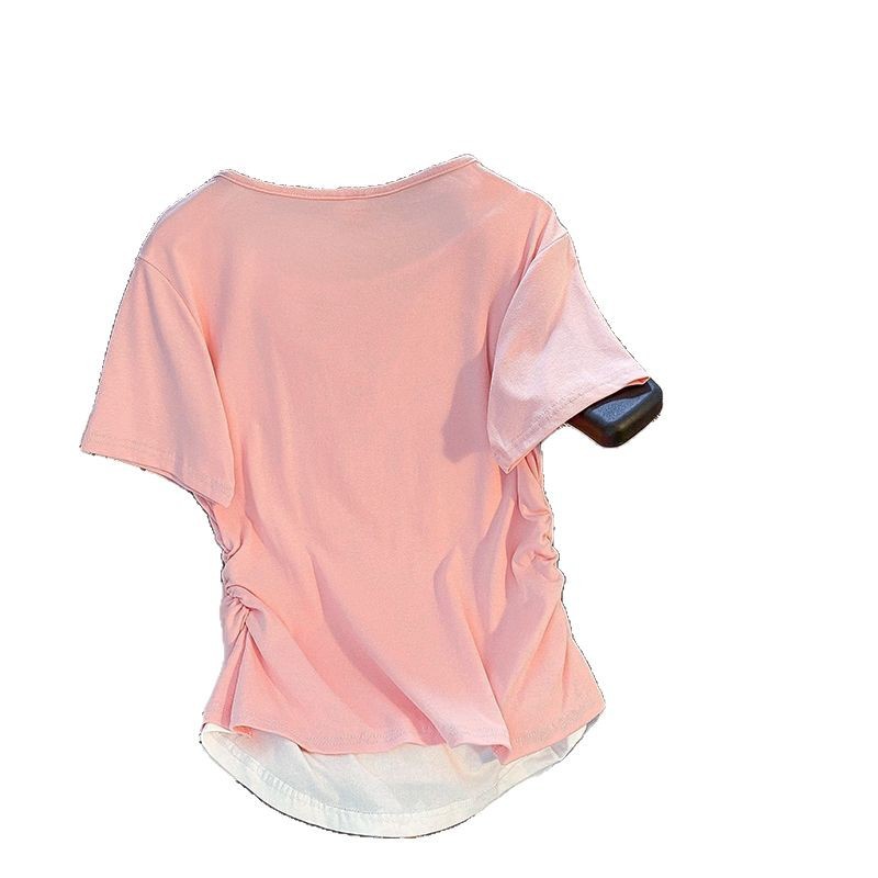 Nuevo algodón falso de dos piezas de empalme de color contraste blusa de manga corta hombro de verano delgado nicho camiseta dulce mujer