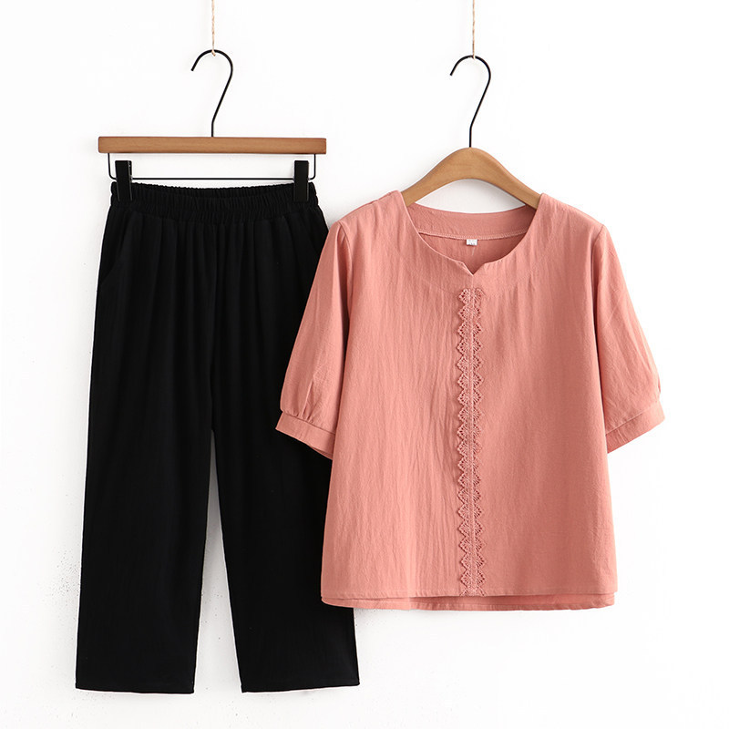 Middle-Aged Women's Summer Outfit, Short-Sleeve T-Shirt, Pure Cotton, Cotton-Linen Blend, Stylish Casual Two-Piece Set for Middle-Aged and Elderly Women, Thin