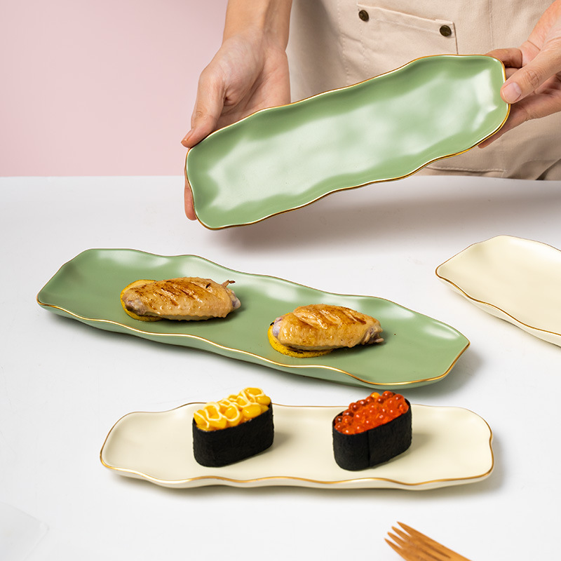 Ceramic Dinnerware for Home Use, Rectangular Sushi Plate, Commercial Hot Pot Tableware Set, Creative Irregular Curved Plate