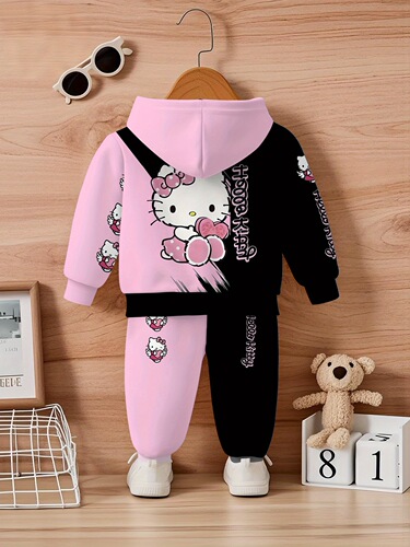 2-piece Hello Kitty girl pink and black color matching trendy digital print design set, including hooded guards