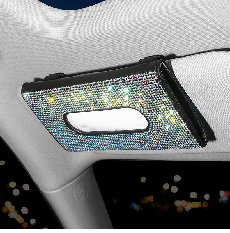 Car Sun Visor Tissue Box Leather Seat Back Diamond Tissue Holder Creative Fashion Women's Rhinestone Car Tissue Box