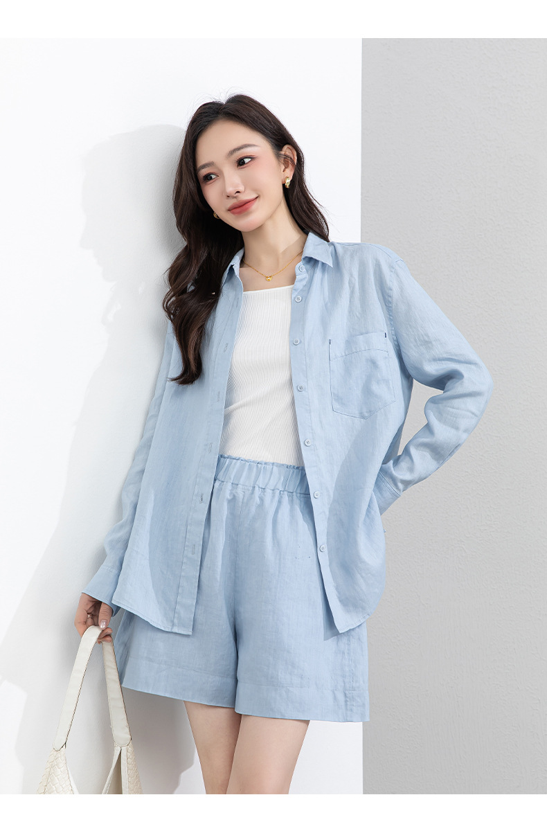 Bộ đồ linen nữ mùa hè áo sơ mi phối quần short dáng rộng — Quần short - 86185 ngày xanh chi tiết 24