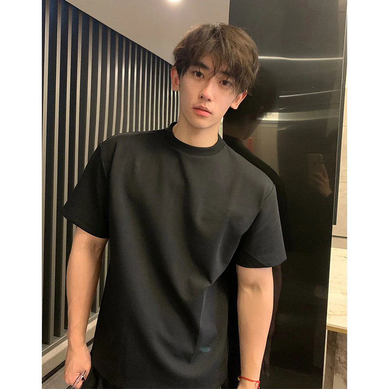 남아용 다용도 헤비웨이트 하드 티셔츠, 하이엔드 퓨어 코튼 블랙 오른쪽 어깨 반팔, 여름용 하의 셔츠, 반소매