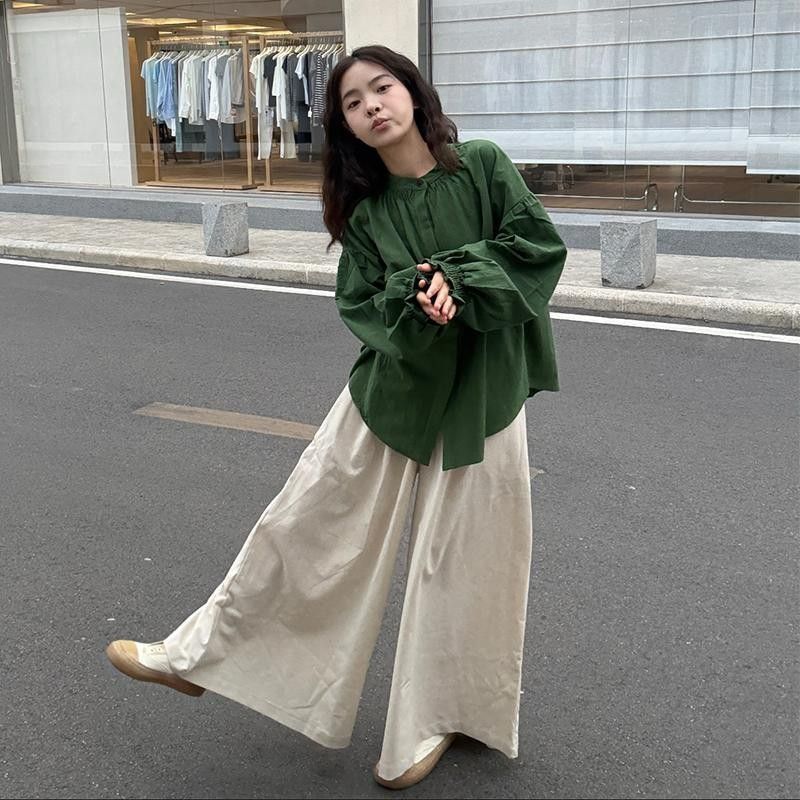 レトロな春と秋の新しい長袖シャツ、ベスト、ベスト、ニッチファッションワイドレッグキュロットの3点セットの完全なセット|undefined