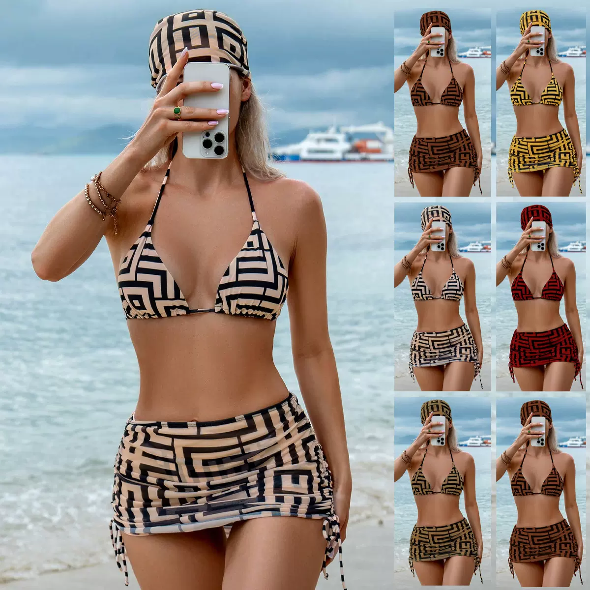 2025新款跨境欧美三件套泳衣女挂脖系带性感比基尼沙滩裙温泉泳装