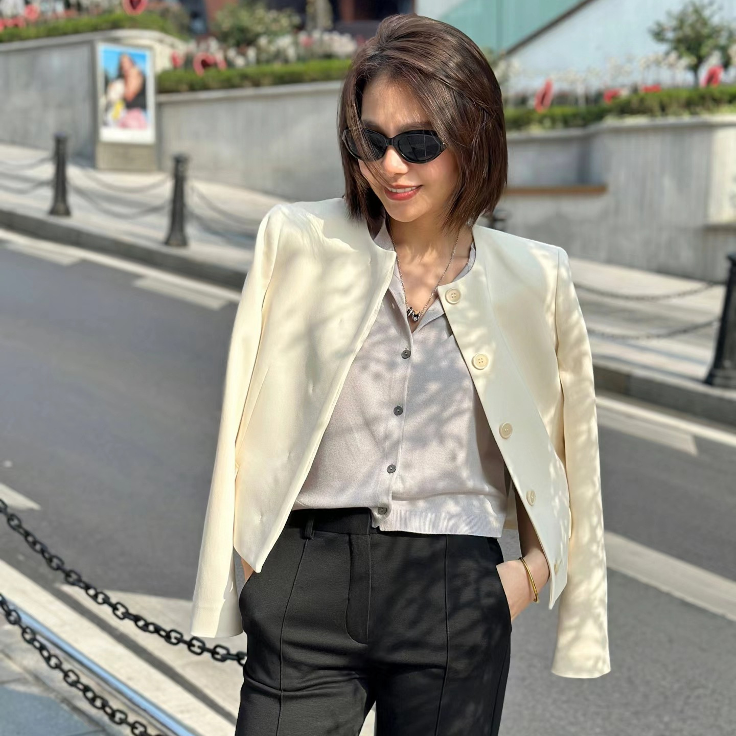 Nanyou factory wholesale TH triacetate blend round neck long sleeve short simple jacket for women's commuting, versatile