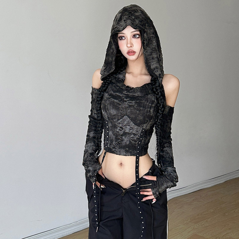 WASTE-style Hand-worn Hooded Shoulder Long-sleeved T-shirt Women's Slimming High Waist Distinctive Short Top