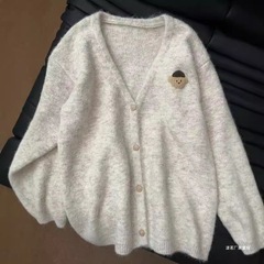 宽松小熊新款针织春秋外套上衣开衫慵懒高级感韩系女毛衣领软糯
