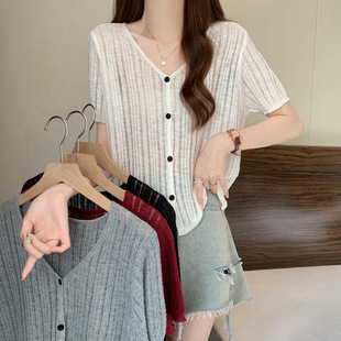 Real Shot of Large Size Thin Ice Silk Knitwear V Neck Short-Sleeved T-Shirt for Women Summer Fat mm Belly-Covering Loose Right Shoulder Cardigan Top