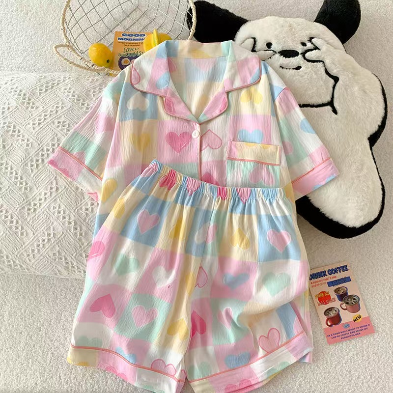 Comercio exterior de Vietnam verano nuevo estilo nube rebeca de algodón solapa dulce pijama de dibujos animados pantalones cortos de manga corta traje de servicio a domicilio para mujer