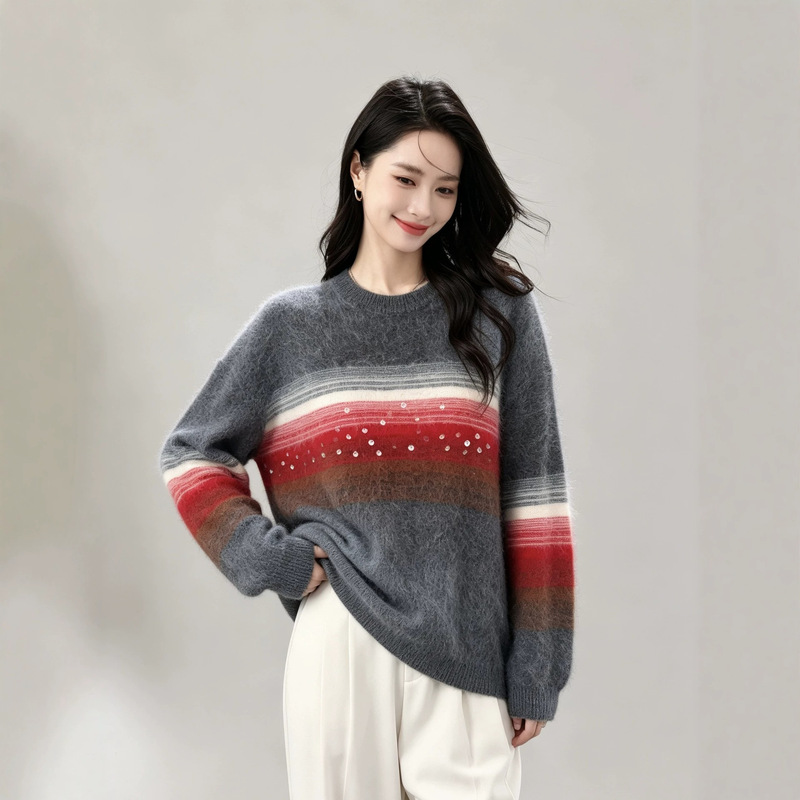 Fall/Winter 2026 New Arrival, 5% Cashmere, 5% Silk, 90% Wool, Women's Round Neck Color Block Striped Beaded Sweater Fall/Winter 2026 New Arrival, 5% Cashmere, 5% Silk, 90% Wool, Women's Round Neck Color Block Striped Beaded Sweater