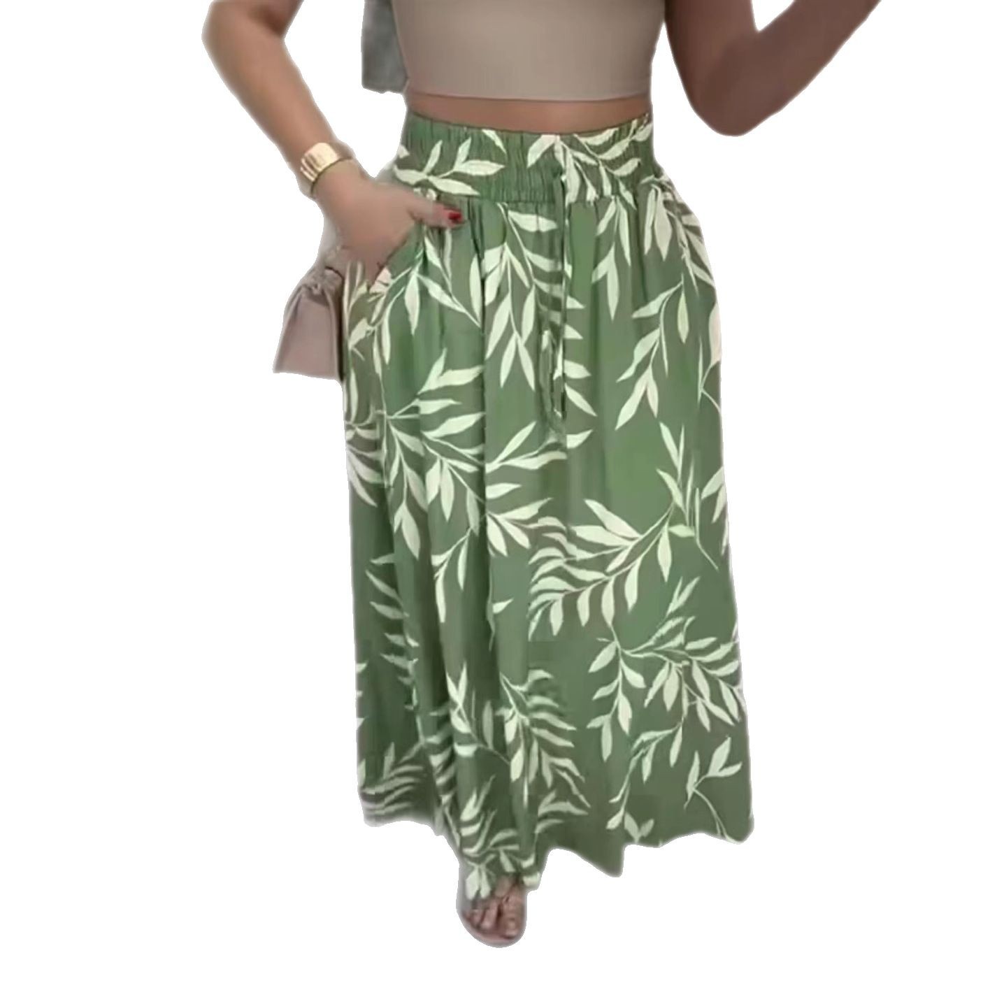 Women's Casual Wide Sleeve Printed Slit Pocket Midi Skirt Bestselling_ecoleips.com