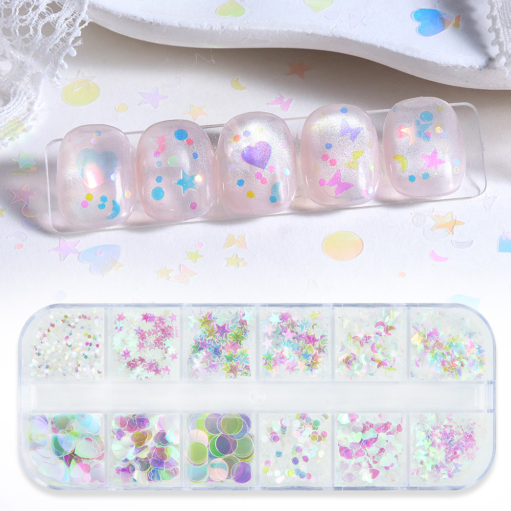 봄여름 12칸 투명 컬러 편광 하트, 별, 달 네일아트 글리터, 반짝이는 나비 믹스 글리터, 일본 및 한국 네일 액세서리