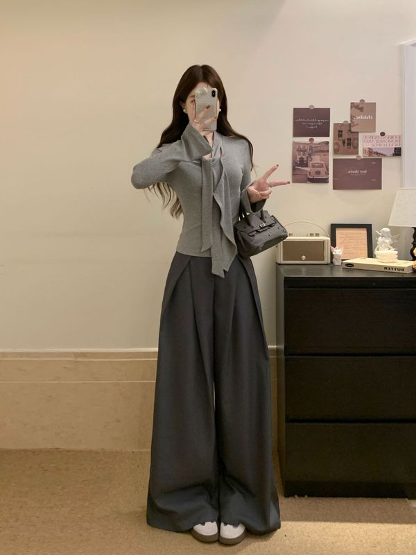 大码女装设计感时尚辣妹韩系灰色T恤高级灰垂感阔腿裤两件套|undefined