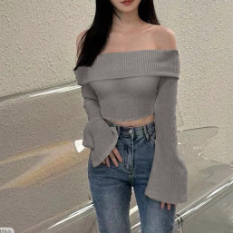 2025 Spring Korean Style Bell Sleeve Slim One-Shoulder Sexy Short-Sleeve Knit Top for Women