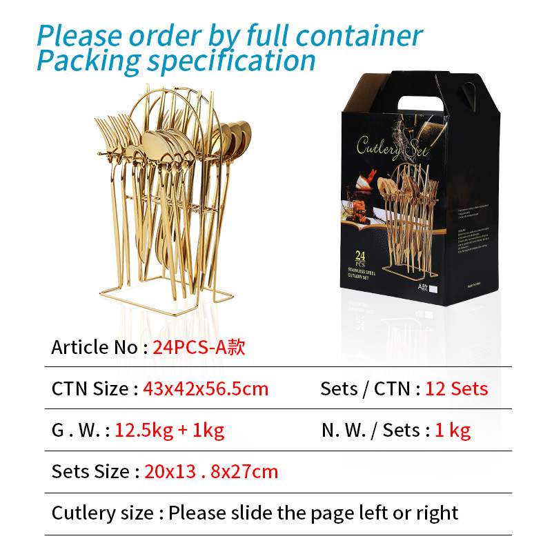 Nuevo cuchillo de vajilla de acero inoxidable transfronterizo, tenedor y cuchara Traje de 24 piezas con soporte de cuchillo, tenedor y cuchara de almacenamiento rack caja de regalo traje
