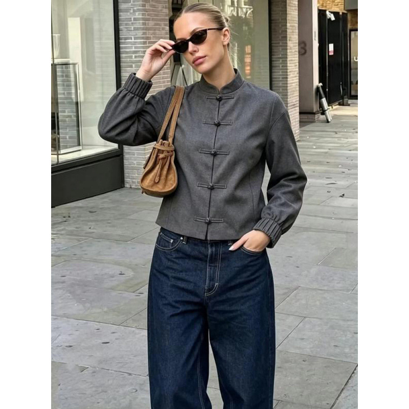 Inventario de nuevo cuello de hebilla chino delgado chaqueta de manga larga mujer 2026 ropa de mujer europea y americana comercio exterior al por mayor