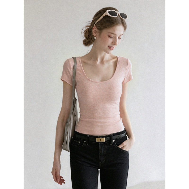 Korean-style pink low round-neck thin short-sleeve T-shirt for women, 2026 summer basic slim-fit top