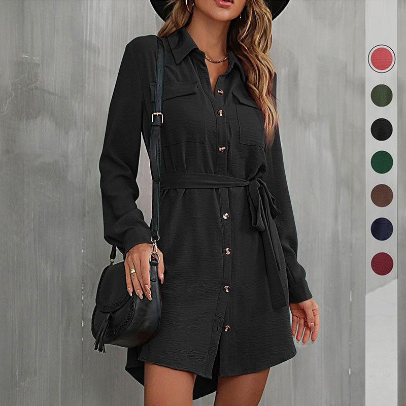 Women’s Top 2024 Autumn Cardigan Flip Collar Women’s Commuter Tie Up Shirt Dress