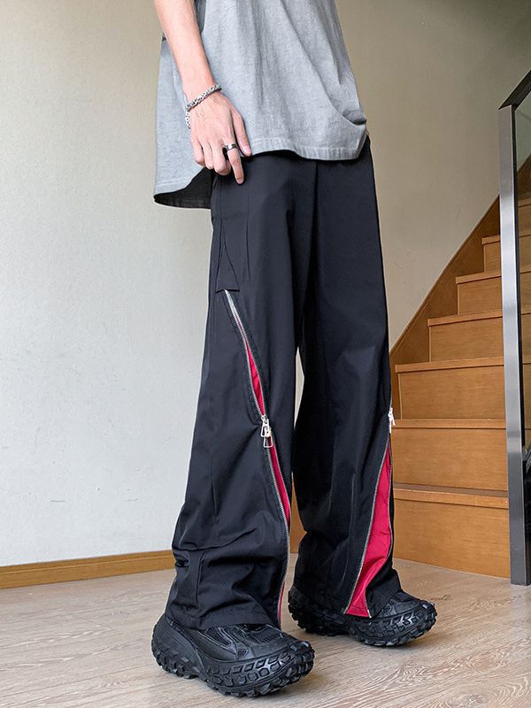 European and American hiphop double-headed zipper niche style pants three-dimensional bag loose design contrast color mop pants fashion casual