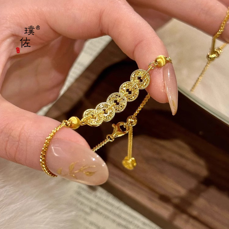 璞佐金店同款24k亮金碎碎冰錢幣貓眼手鍊女輕奢高級感小眾首飾